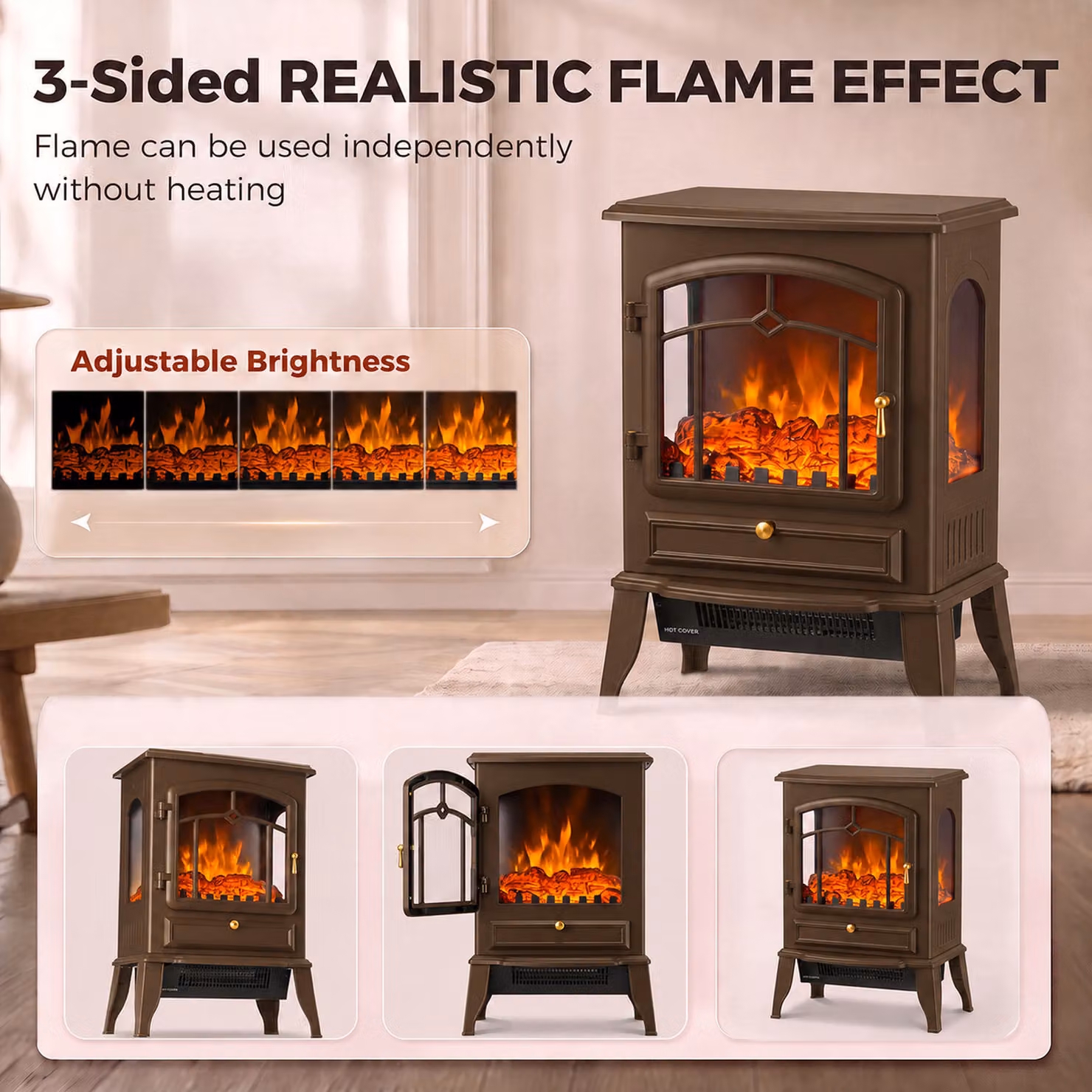 HOMCOM Brown 3-Sided Freestanding Electric Fireplace Stove with 3D Flame Log and Thermostat, 1000/2000W – 4