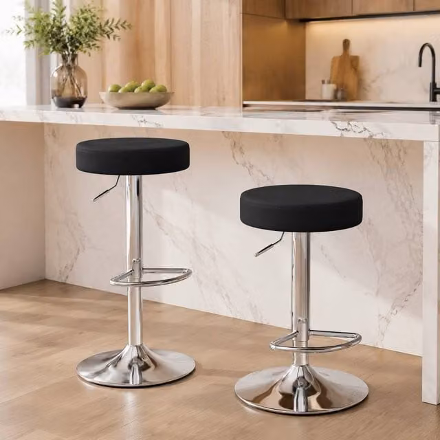 STILVORA Set of 2 Black Synthetic Leather Bar Stools with Adjustable Height and Swivel Metal Frame