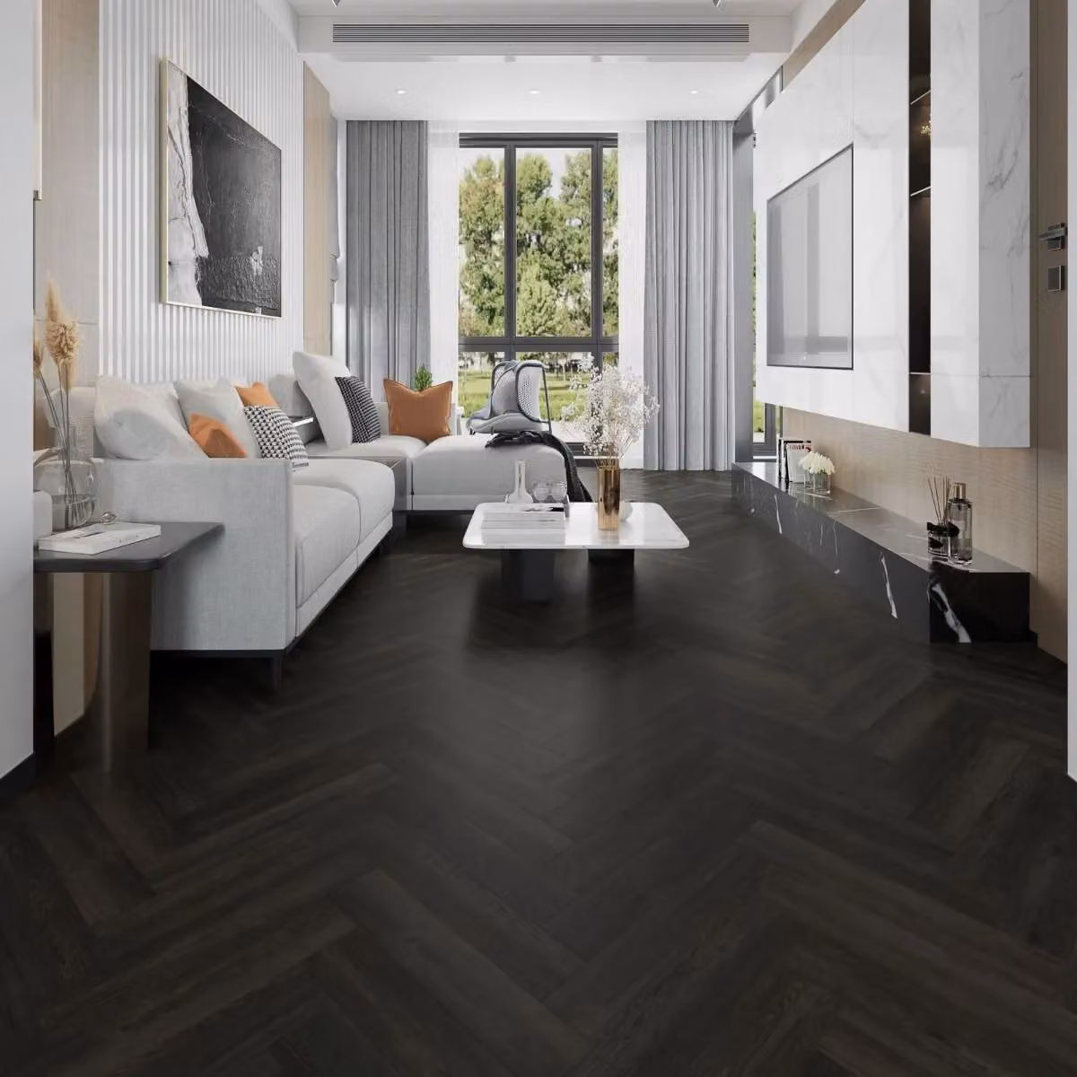 AlvHer Wood Effect Herringbone Luxury Vinyl Tile Glue Down LVT, 2.5mm, Anthracite Grey – 2