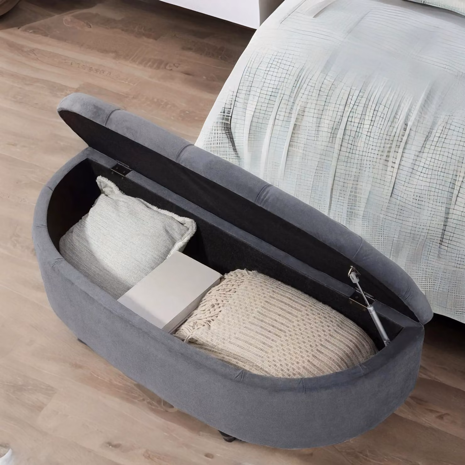 FURNOS Upholstered Velvet Half Circle Wooden Ottoman Storage Bench in Dark Grey, W: 120 cm, D: 46 cm, H: 42 cm – 3