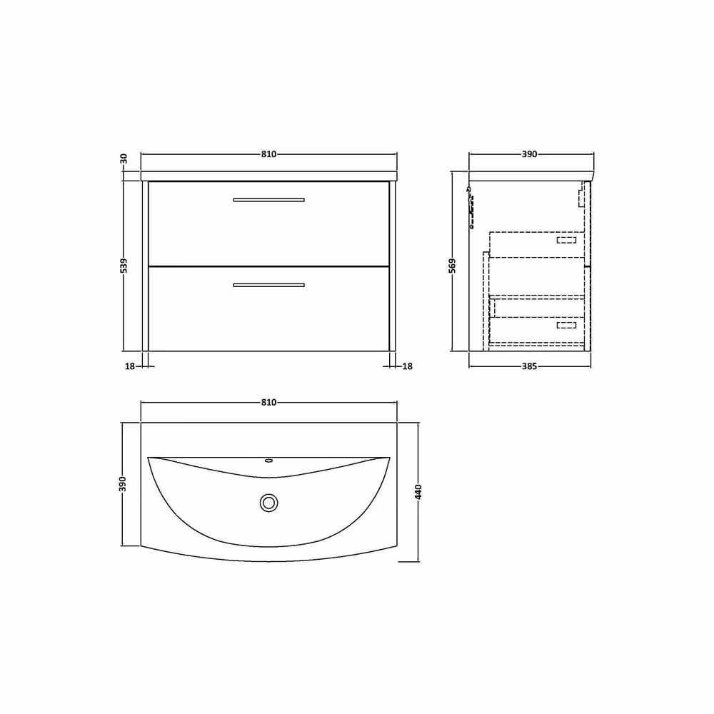 Balterley Winshill Wall Mounted 2 Drawer Vanity Unit with Curved Basin in Light Oak Brown, Width: 80 cm – 3