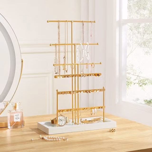 Livingandhome Metal Jewellery Display Stand with Shelf, Gold