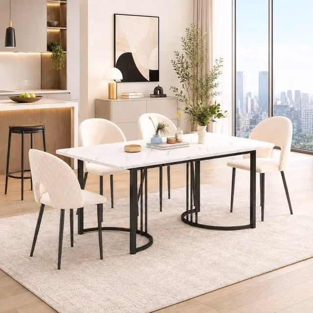 Merax Modern Rectangular Dining Table with White Marble Effect MDF Top and Metal Frame