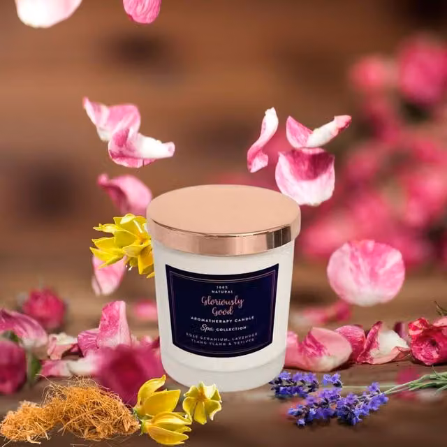 Gloriously Good Rose Geranium, Lavender, Ylang Ylang and Vetiver Soy Wax Aromatherapy Candle, White