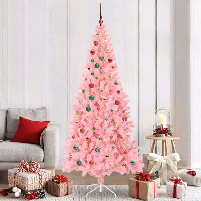 Berkfield Home Pink PVC Christmas Tree with 300 LEDs and Stand, Height: 210 cm