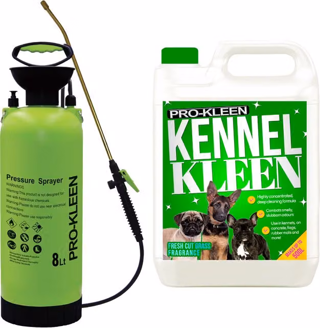 Pro-Kleen 8L Pump Sprayer with 5L Kennel Kleen 3 in Disinfectant Cleaner in Green