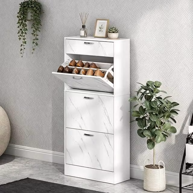 ERGOVEXA Modern White Marble-Effect Shoe Cabinet with 3 Tilting Compartments