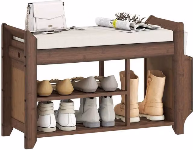 VOGREX Modern Brown and Beige Cushioned Shoe Bench with Back Panel, W: 80 cm, H: 50 cm, D: 30 cm – 1