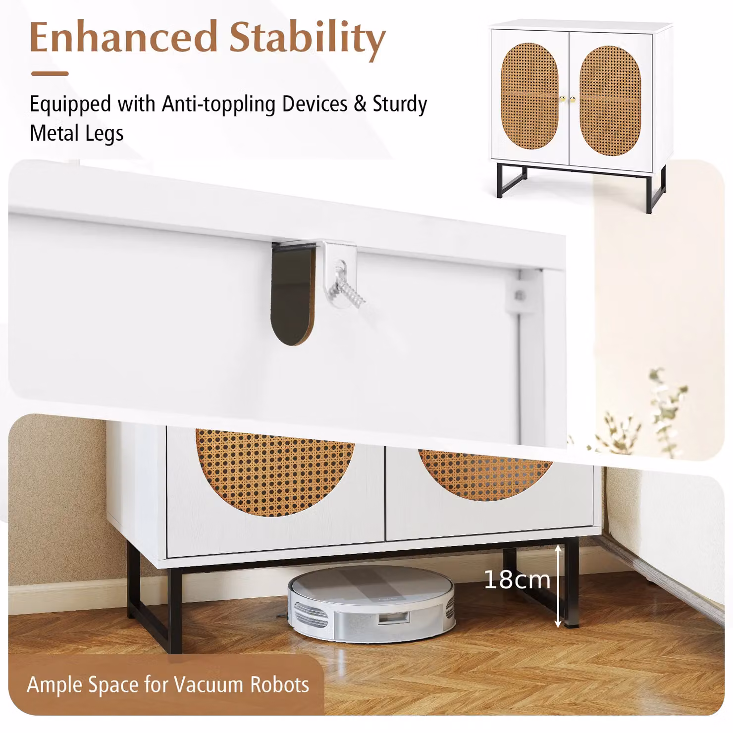 Costway Rattan 2 Door Buffet Sideboard Storage Cabinet with Adjustable Shelf in White – 4