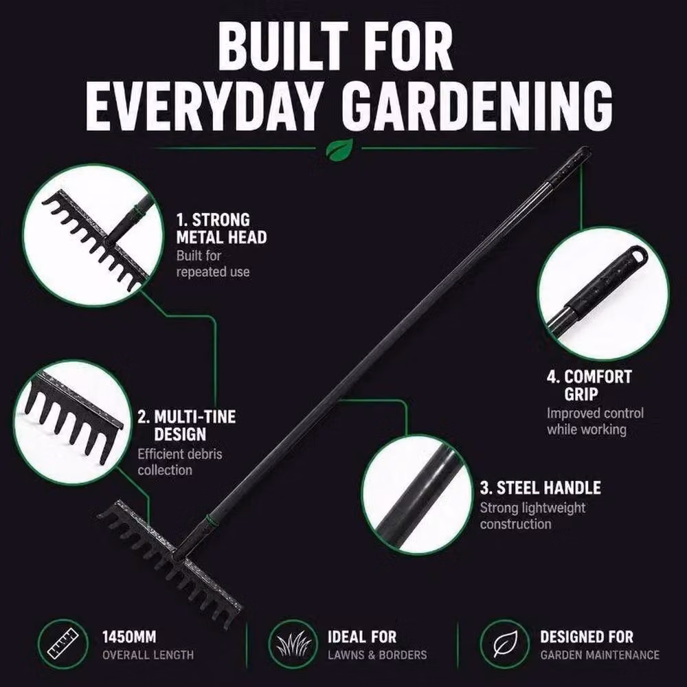 VOGREX Hardened Steel Garden Rake in Black for Leaves, Hay, Lawns and Pebbles – 4