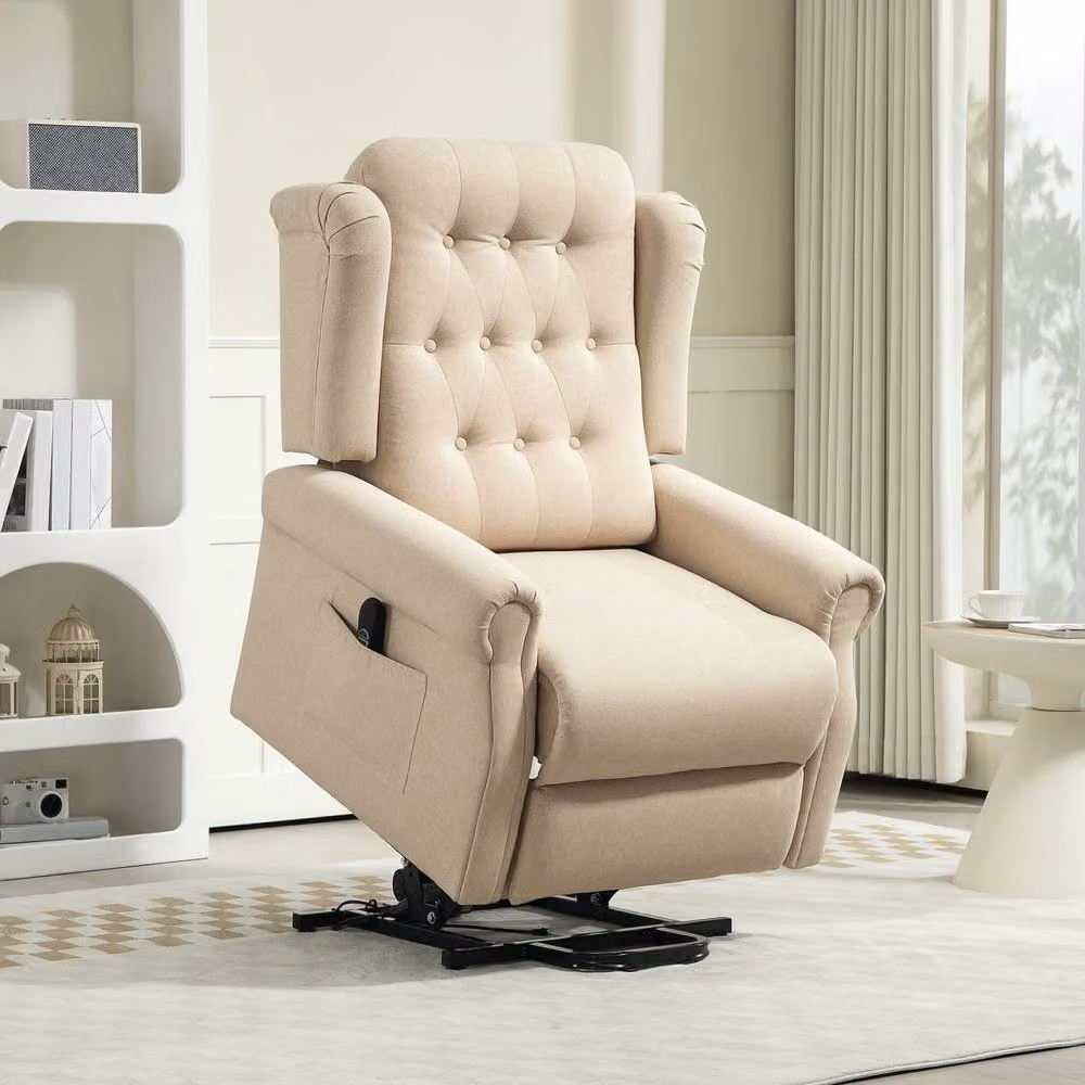 HOMCOM Power Lift Recliner Armchair with Wingback and Button Tufting in Beige Fabric – 2