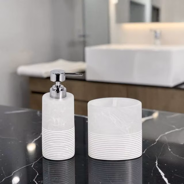 Showerdrape Bianco White Resin Bathroom Accessory Set with Soap Dispenser and Toothbrush Holder