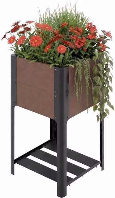 VOGREX Elevated Raised Garden Bed with Storage Shelf in Brown HDPE Wood Grain Plastic, W/D/H: 85 x 49 x 49 cm – 1