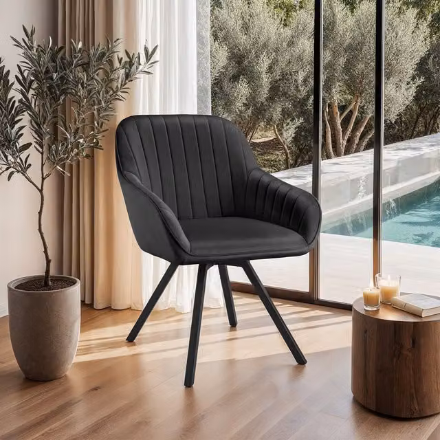 Tectake Modern Black Velvet Look Padded Swivel Armchair Snug