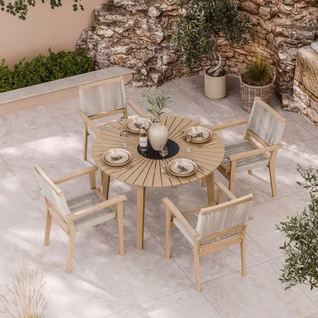 Royalcraft Roma 5 Piece Round Sunray Dining Set in Black and Brown with Acacia Wood and Stone Details, W/D/H: 120 x 120 x 75 cm