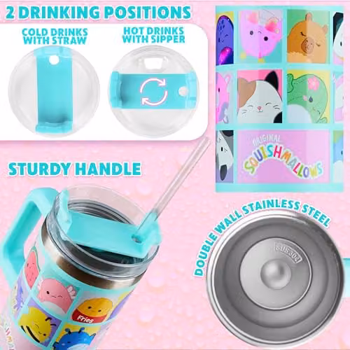 Squishmallows Insulated Bradley Travel Mug with Straw and Handle, Blue, 840ml – 3