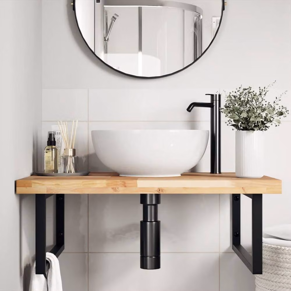 Berkfield Home Wall Mounted Basin Shelf in Brown Steel and Solid Acacia Wood – 2