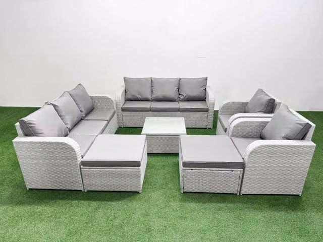 Fimous PE Rattan High Back Lounge Sofa Set in Light Grey with 3 Seater Sofa, Reclining Chair, 2 Ottomans and Coffee Table