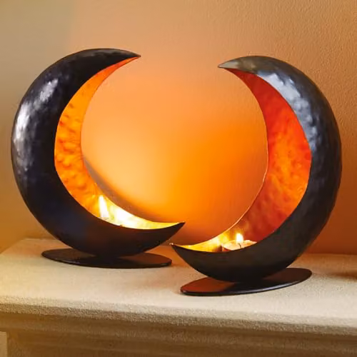 mysmartbuy 2 x Black and Gold Crescent Moon Metal Candle Holders for Tealights and Votives, H 17.5 x W 20 x D 6 cm