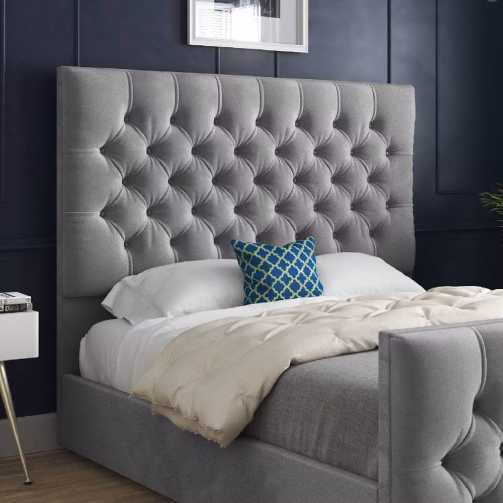 KDMD Rothwell Grey Velvet Upholstered Chesterfield Bed Frame W: 140 cm, D: 200 cm – 4