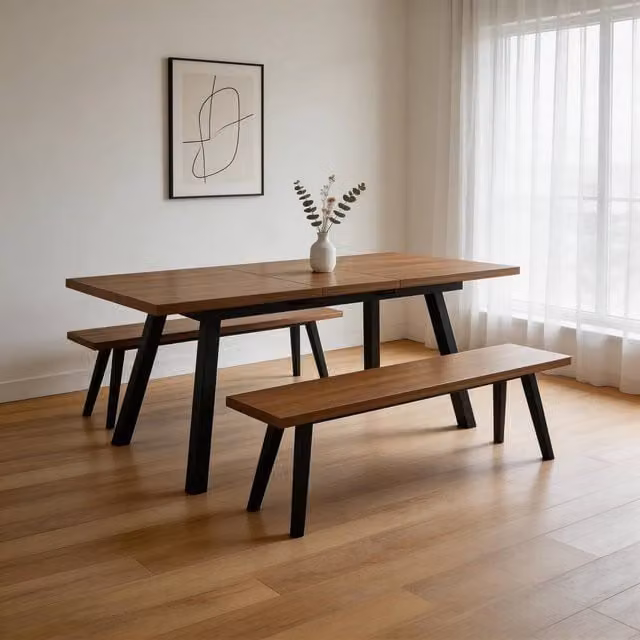 FURNITURE ONE Brown Extendable Rectangular Dining Set with 2 Benches and 3 Piece Kitchen Dining Set – 1
