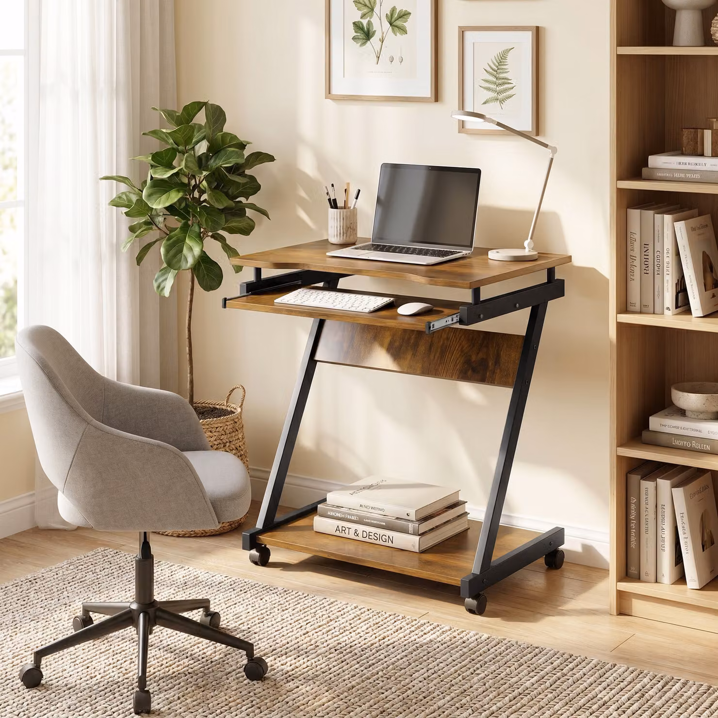 HOMCOM Modern Brown Movable Computer Desk with Keyboard Tray and Castors – 2