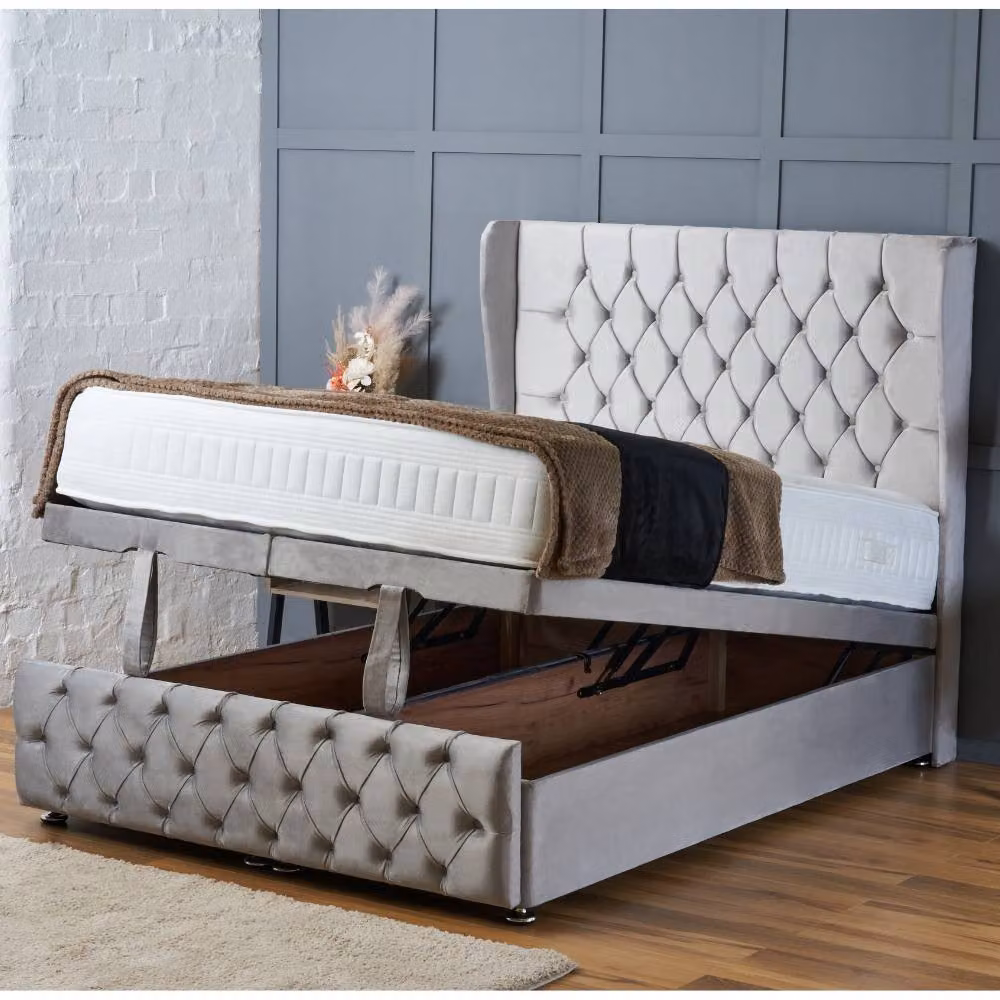 BSSPOKE Bella Ottoman Divan Bed with Lift Up Base and Mattress in Grey Plush Velvet, W/D/H: 140 x 200 cm – 3
