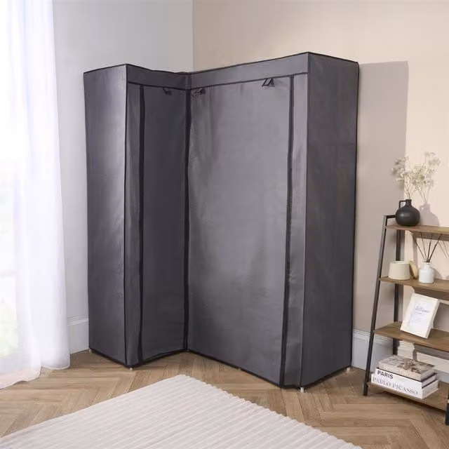 OHS Grey Fabric Canvas Corner Wardrobe with Hanging Rod