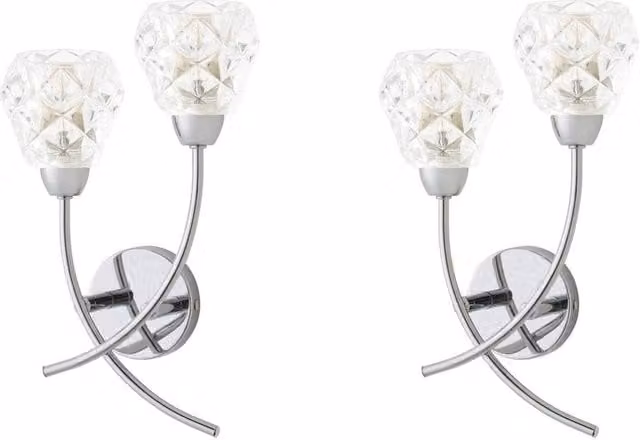 ValueLights Astley Pair of Chrome 2 Way Wall Lights with Crystal Shades and Bulbs in Silver – 1