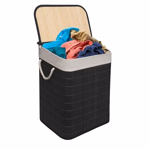 MantraRaj Black Bamboo Foldable Laundry Basket with Lid and Removable Liner, 65L Capacity