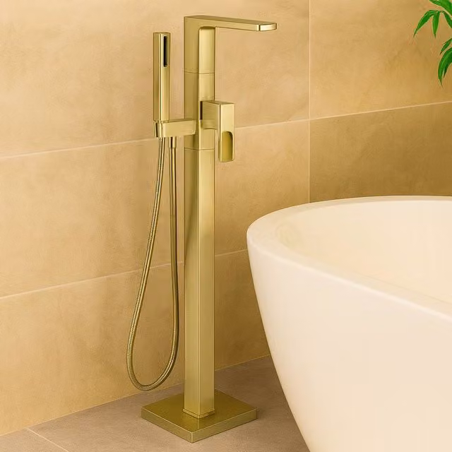 Bathroom Kingdom Swansea Brushed Brass Floor Standing Bath Filler Tap in Gold