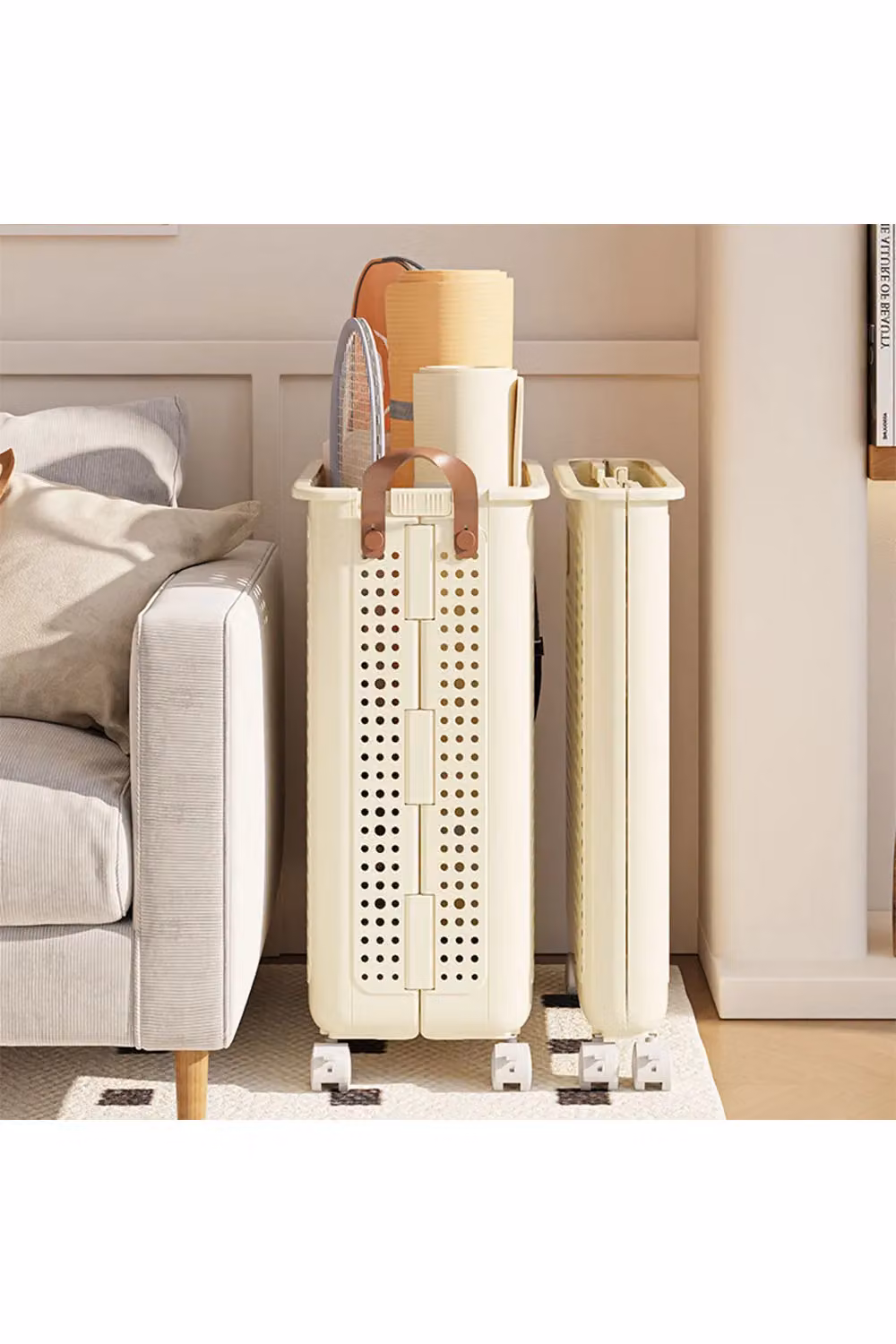 Living and Home Collapsible Laundry Basket with Wheels in Beige – 2