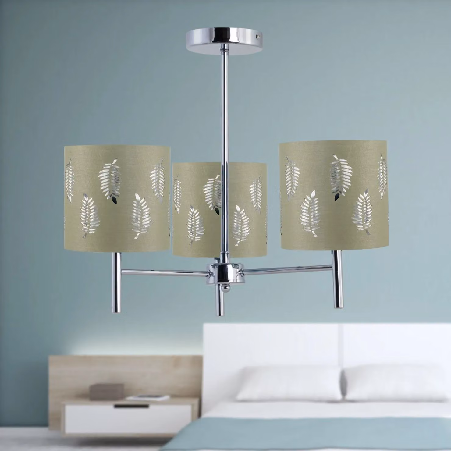 First Choice Lighting Brea Chrome 3 Light Ceiling Fitting with Sage Green Fabric Fern Shades – 2