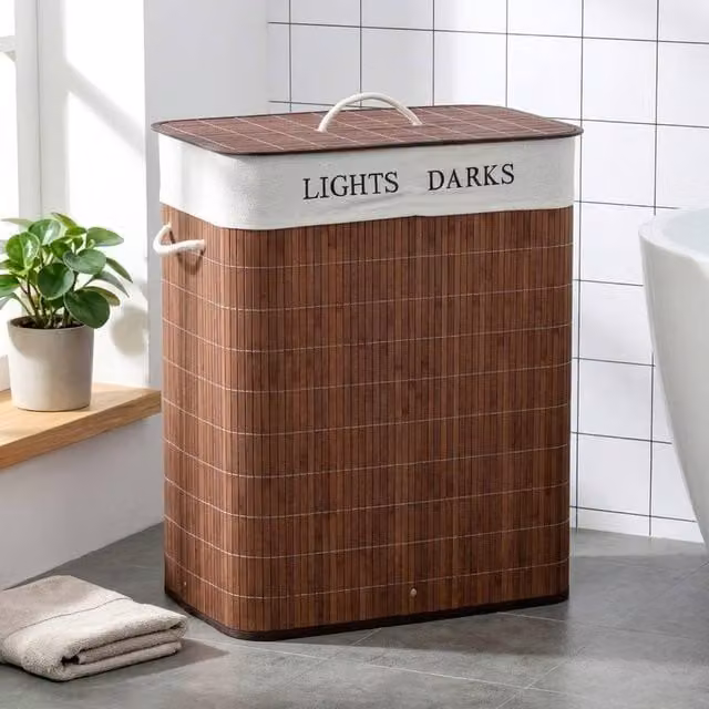 STILVORA 100L Two-Section Bamboo Laundry Basket with Lid and Handles, Brown – 1