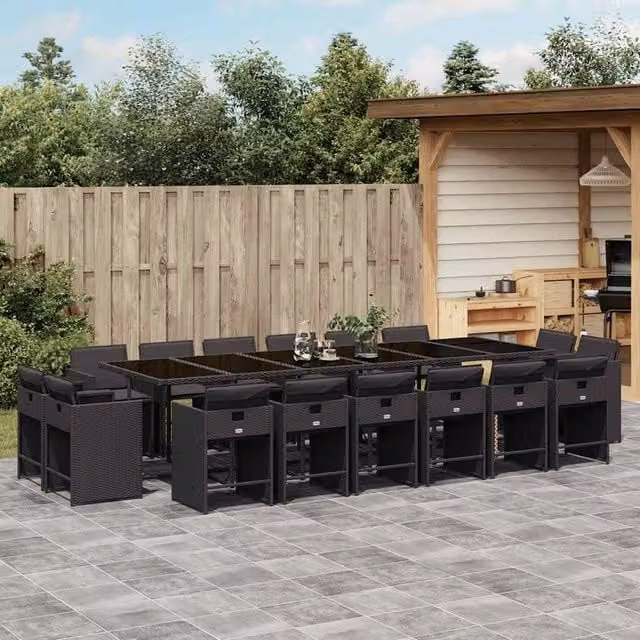 Berkfield Home Garden Rectangular Dining Set in Black Polyrattan with Glass Top
