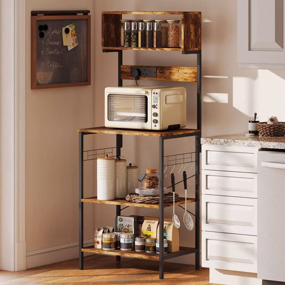 Wyld Haus Rustic Brown Industrial Bakers Rack with Adjustable Shelves and Power Outlets, W/D/H: 42 x 42 x 153 cm – 2