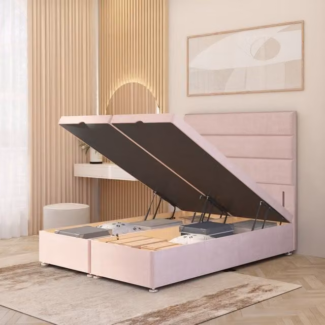Horizona Superking Storage Ottoman Bed with Lift Up Base and 54 Inch Floor Standing Headboard in Pink Velvet