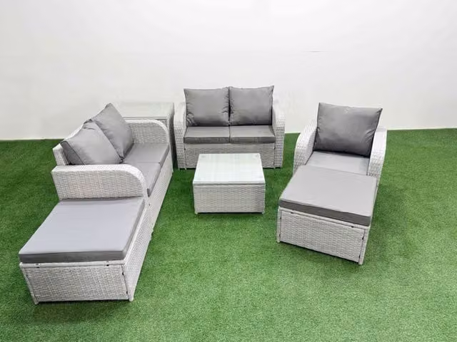 Fimous Grey Poly Rattan Garden Furniture Set with 2-Seater Sofa, Reclining Armchair, Coffee Table and 2 Ottomans