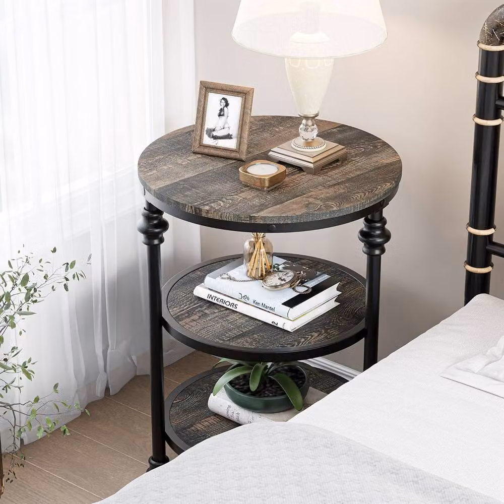 London Boutique 3 Tier Round Industrial Coffee Table and Side Table in Dark Brown – 6