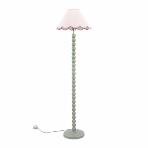 ValueLights Bobbin Stem Floor Lamp in Sage Green with Pink Scallop Fabric Shade – 1