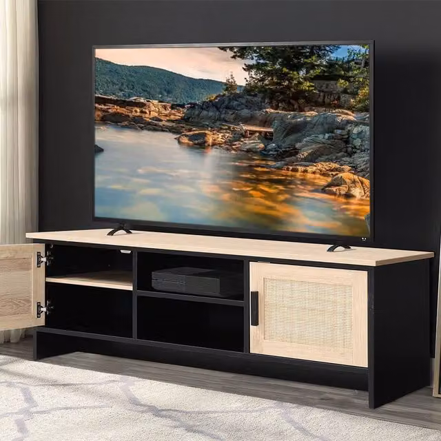 Livingandhome Minimalist Wooden TV Storage Cabinet with Rattan Doors and Cable Management in Black