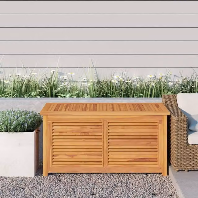 Berkfield Home Rustic Brown Teak Wood Garden Storage Box with Bag W/D/H: 114 x 50 x 58 cm