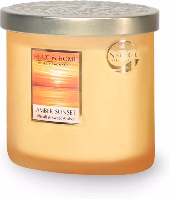 Heart and Home Amber Sunset Twin Wick Soy Wax Candle in White Glass with Orange and Gold Accents – 1