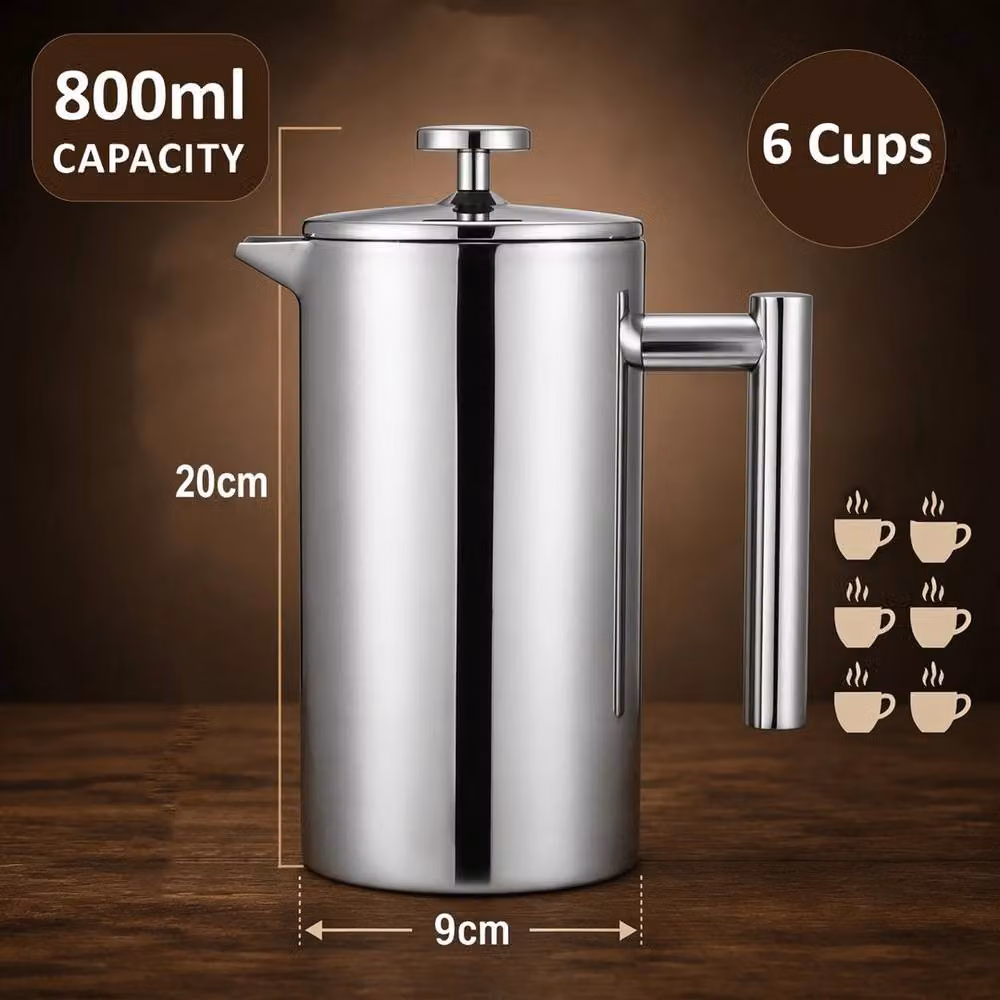 KORVIXA Stainless Steel French Press Coffee Maker, Silver, 800ml – 2