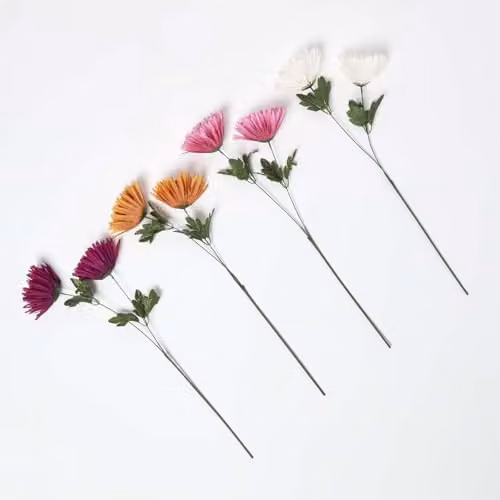 HOMESCAPES Set of 4 Artificial Autumn Chrysanthemum Floral Arrangements in Orange, Pink, White, Purple and Multicolour