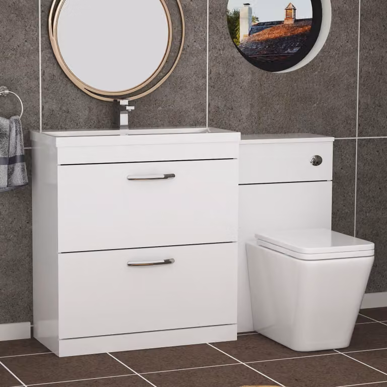 Royal Bathrooms Gloss White 2 Drawer Furniture Pack with Mid Edge Basin and Slim Elena Back to Wall Toilet, Width: 130 cm