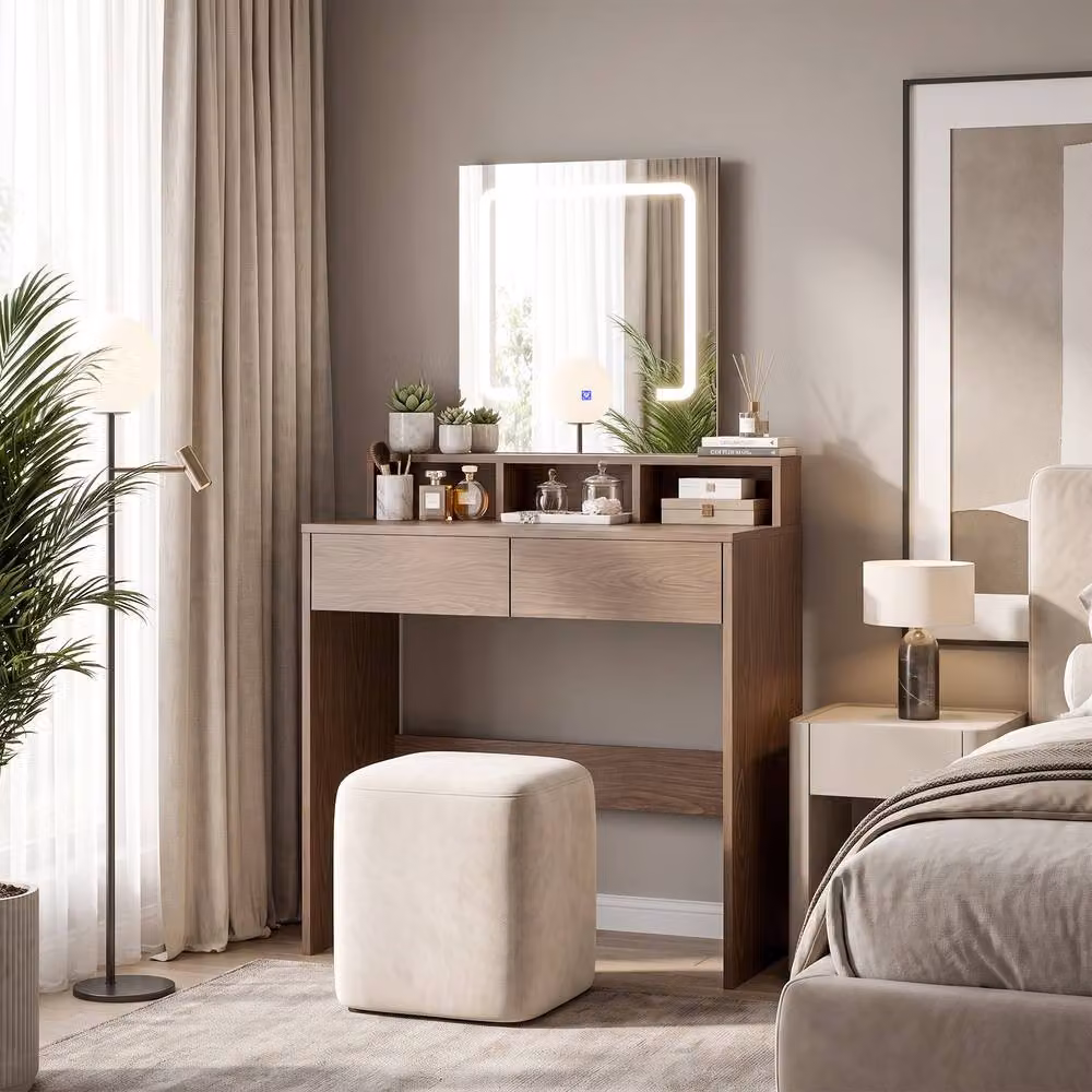 HOMCOM Modern Hollywood LED Dressing Table with Mirror in Walnut Brown – 2