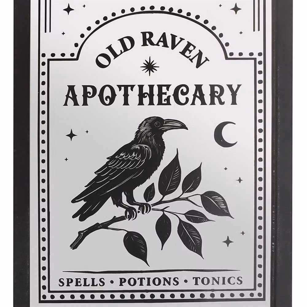 Uniqueful Old Raven Apothecary Mirrored Wall Art in Black, W: 33 cm, H: 45 cm, D: 0.2 cm – 2