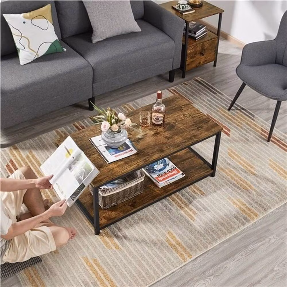 KORVIXA Industrial Coffee Table with Storage Shelf in Brown, W: 100 cm, D: 45 cm – 4
