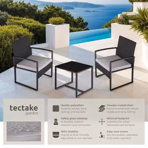 tectake 3 Piece Rattan Bistro Set with Glass Top and Metal Frame in Grey and Black – 2